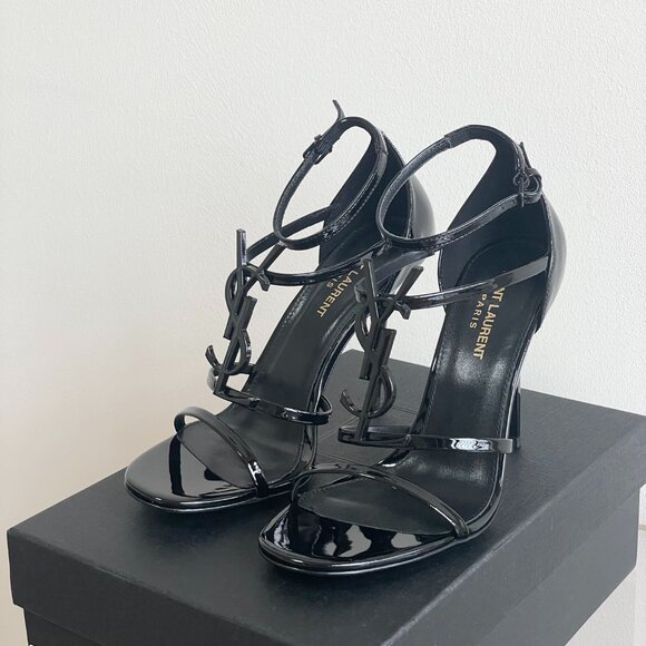 Saint Laurent Black Patent Leather Logo Sandals - Picture 1 of 9